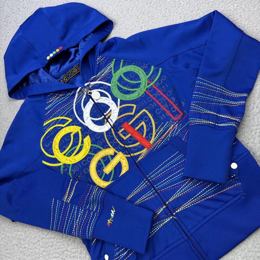 Coogi Hoodie Youth Small Blue Full Zip Multicolor Logo Embroidered Jacket